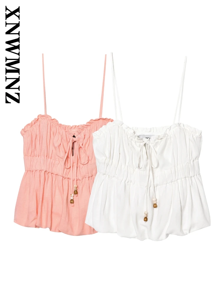 

XNWMNZ 2025 Summer Woman's Fashion Simple thin shoulder strap Sleeveless Linen Vest Sexy Female Shoulder Backless Slip Top club