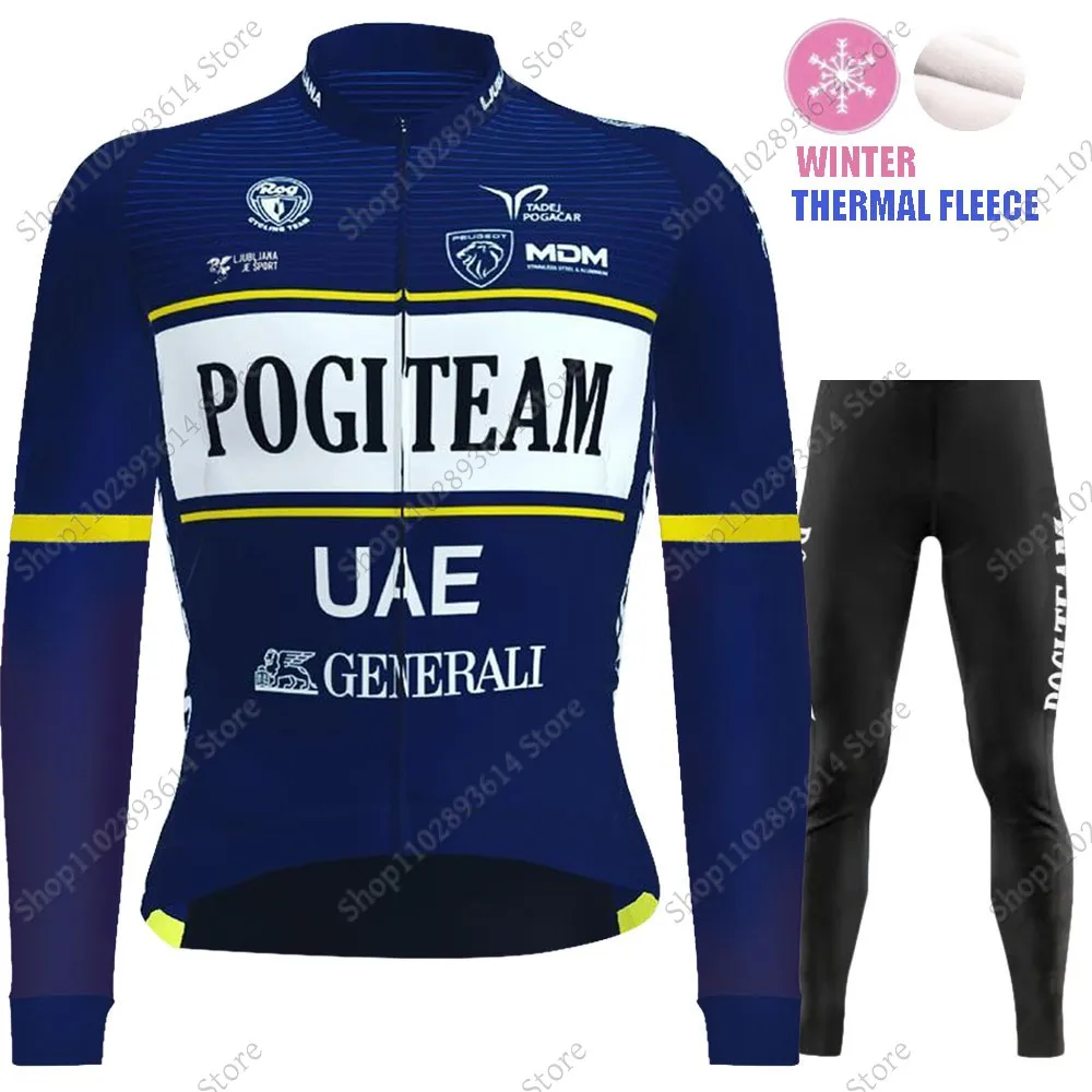 Pogi Team UAE 2024 Cycling Jersey Set Long Sleeve Winter Cycling Clothing Bike Thermal Jacket Suit Pants Bib MTB Ropa