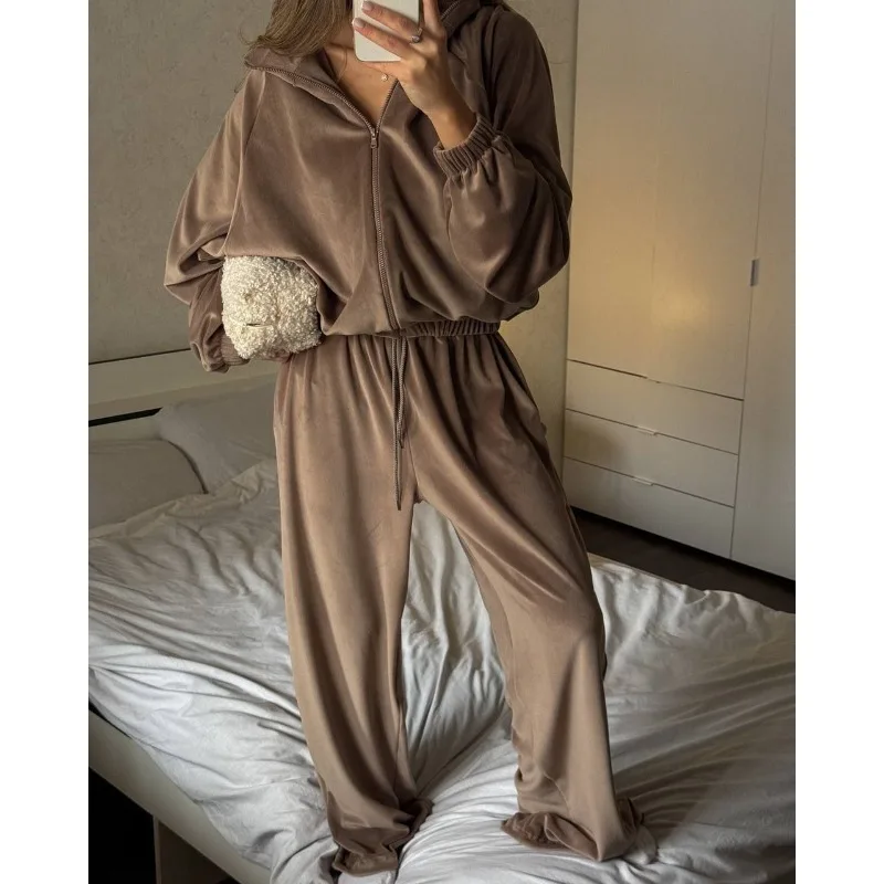 

Autumn Winter New Solid Color Pants Sets Women Fashion Zipper Stand Collar High Waist Drawstring Trousers Women Two Piece Set