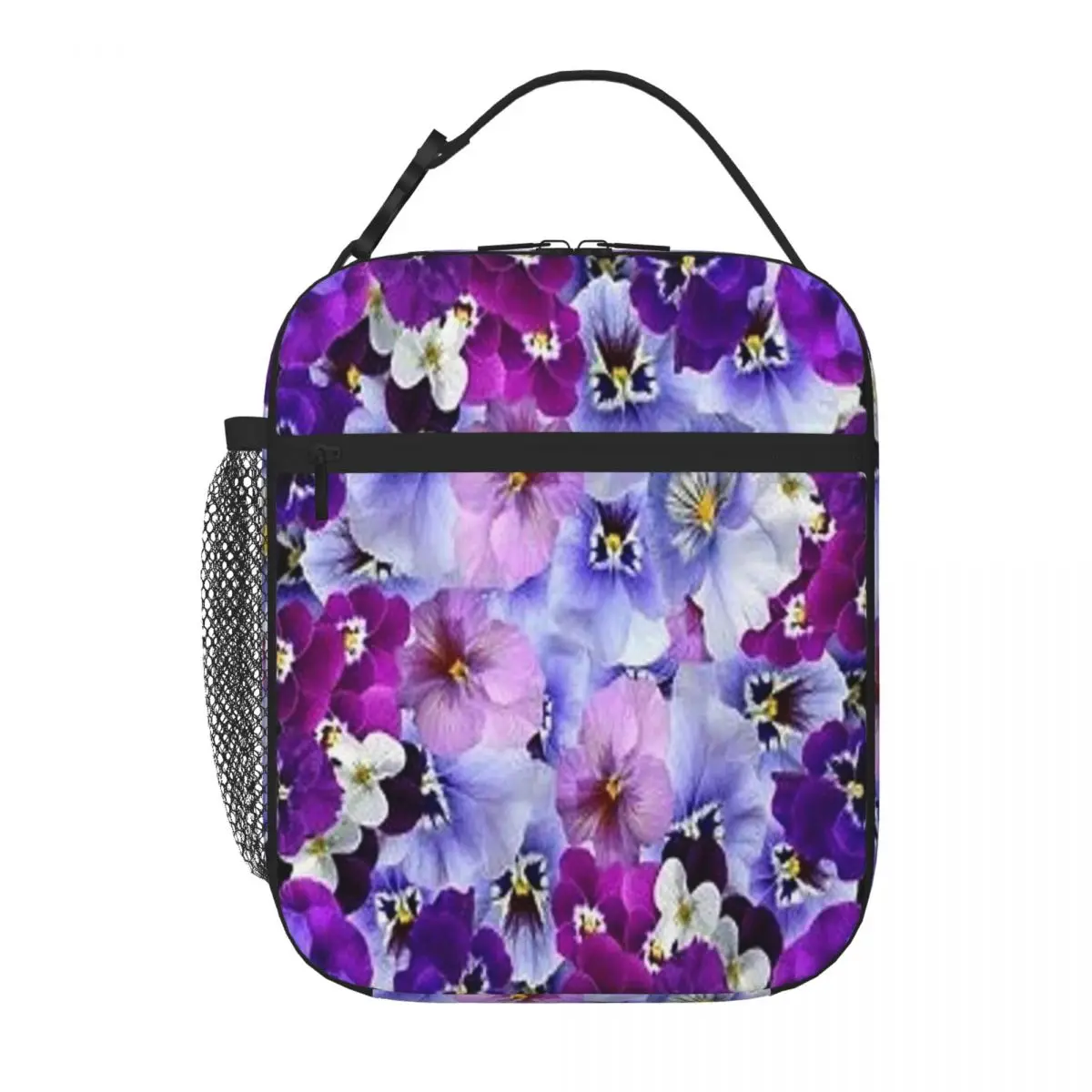 Hot Sale SPRING PURPLE PANSY GARDEN ABSTRACT ART Shoulder Style Adult Lunch Bag Long Drive Snack Bag