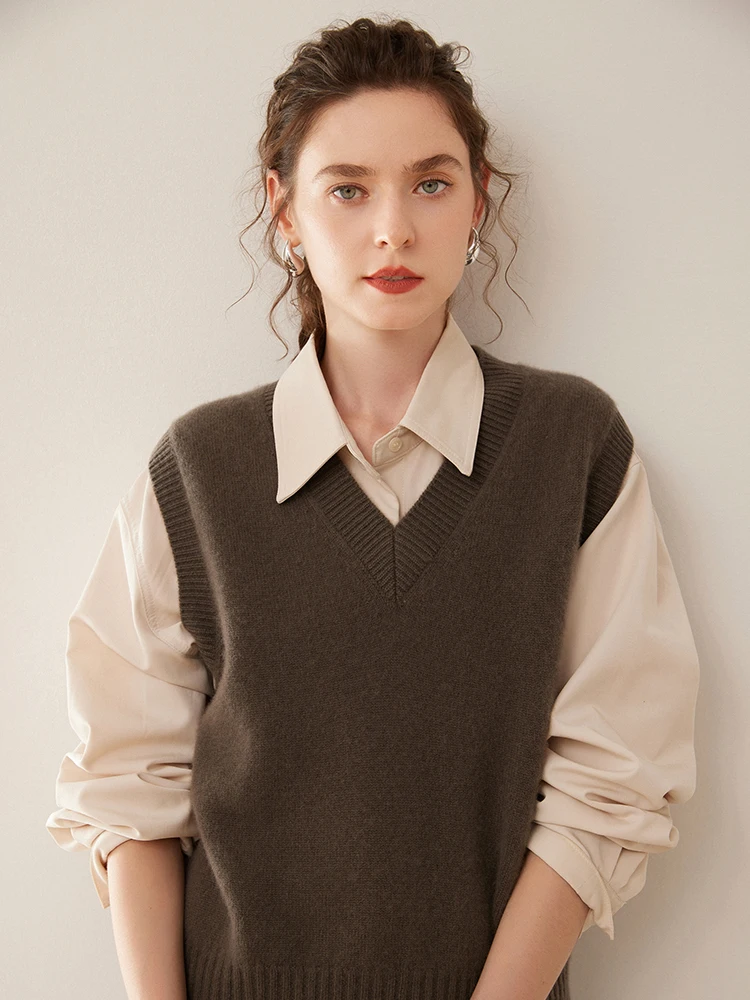 Feminino outono inverno sem mangas com decote em v pulôver colete 100% camisola de caxemira básico macio colete estilo coreano topos