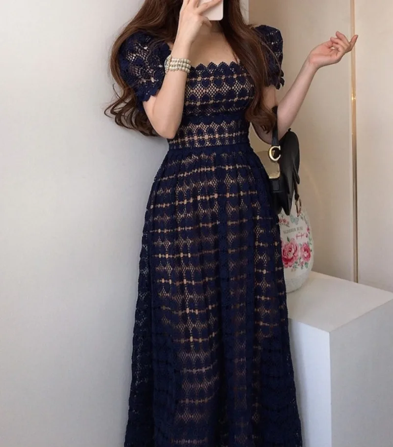 

Luxury Dark Blue Lace Dress Bodycon Square Neck Summer Holiday Hollow Out Women's Clothing Evening Party Vestidos Elegant