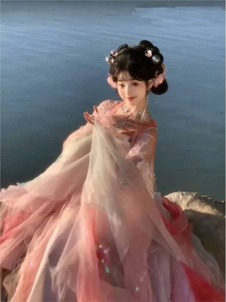 Pink girl exotic style heavy embroidery large-sleeved shirt gradient skirt Hanfu set for new women