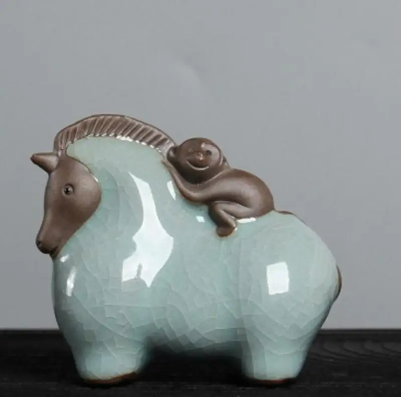 

Chinese Celadon Porcelain Pottery Ge Kiln Horse Monkey Tea Pet Statue