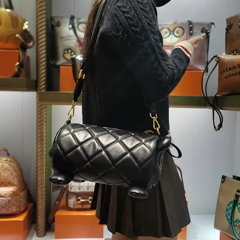 

Cream Bear Cylinder Bag High Quality Leather Cartoon Cute Pink Women's Bag Sweet Casual Fashion Shoulder Crossbody Bags