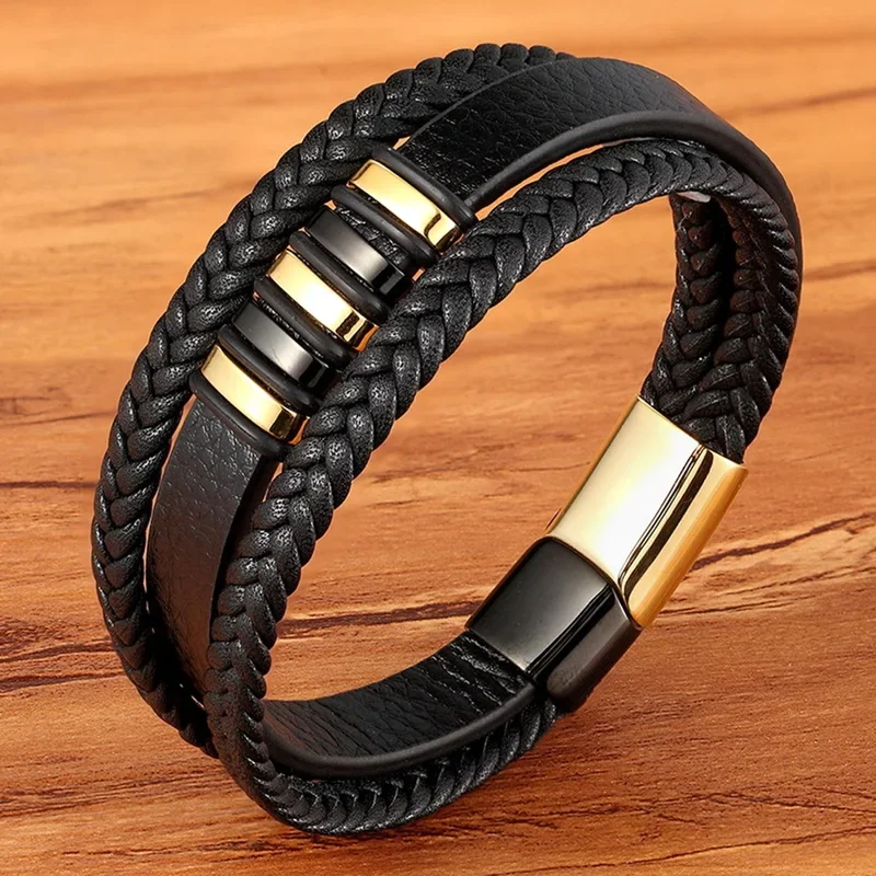 

Fashion 3 layers black punk style design leather bracelet for men stainless steel magnetic button birthday gift male bracelets