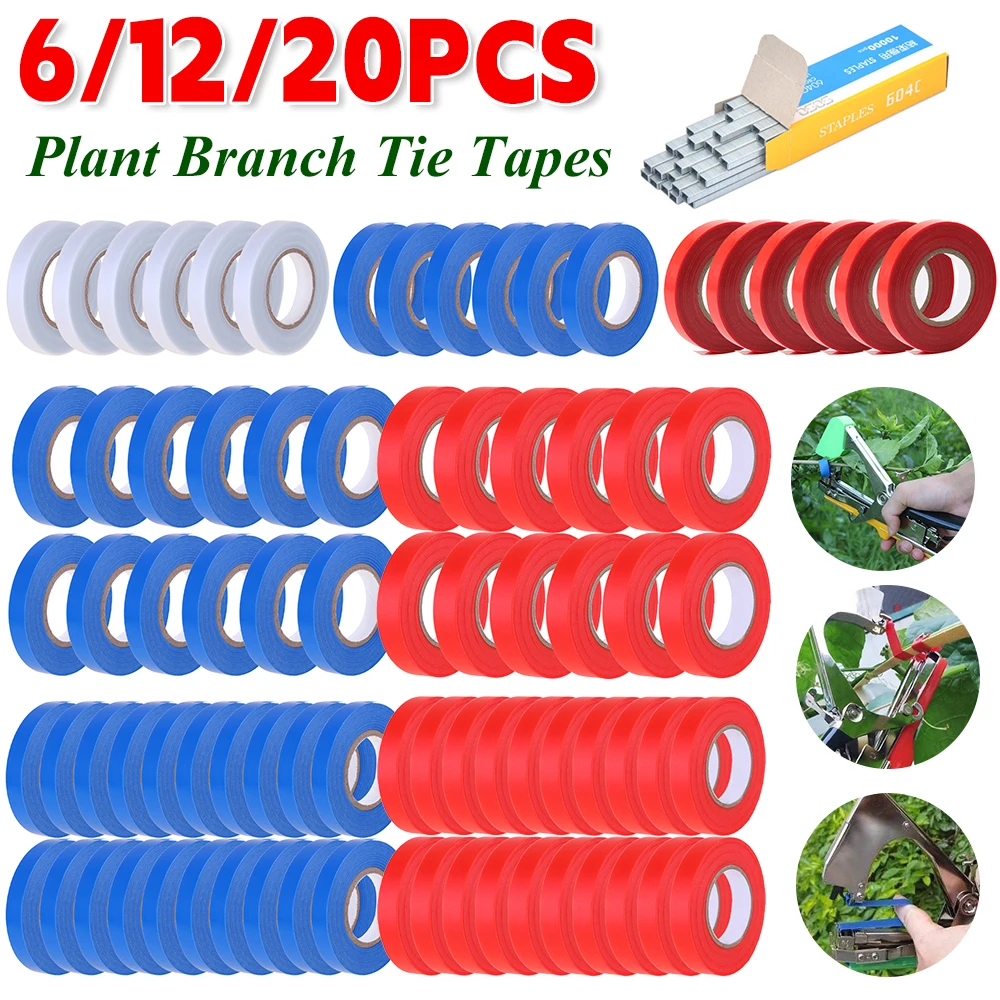 6/12/20PCS Plant Branch Tie Tape with 1 Box Staples Tying Binding Tie Tape Plants Tying Tapetool Tapener Tapes Gardening Tool