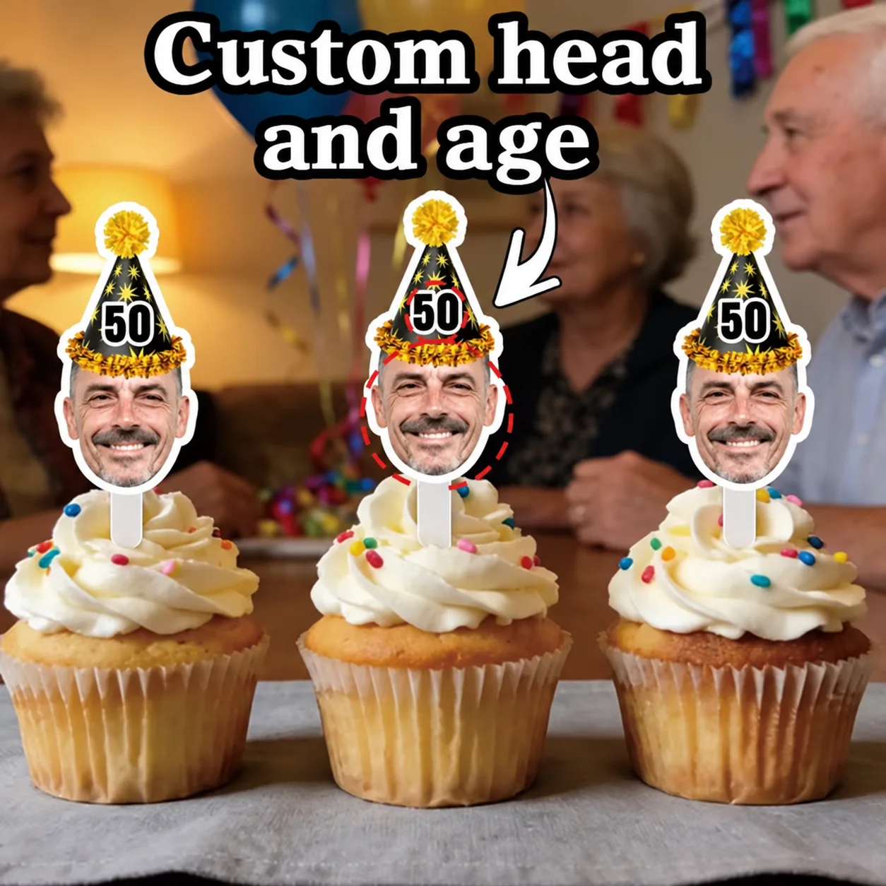 24/48PCS Toppers de Cupcake Personalizados con Foto de Feliz Cumpleaños, Decoración de Pastel con Rostro y Sombrero, Palillos Dorados y Negros para Postres de Fiesta de Hitos