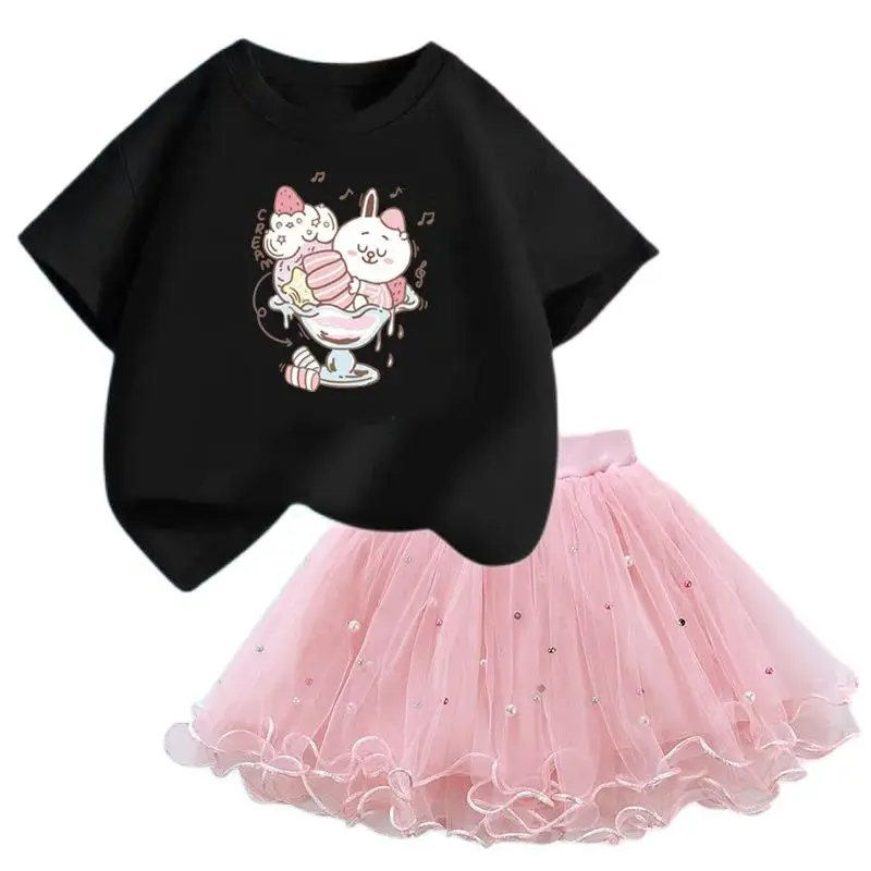 Princess Girls Clothes Sets Summer Ice Cream Rabbit Tops And TUTU Skirt Suits Little Kids Cute Birthday Party Dress Set