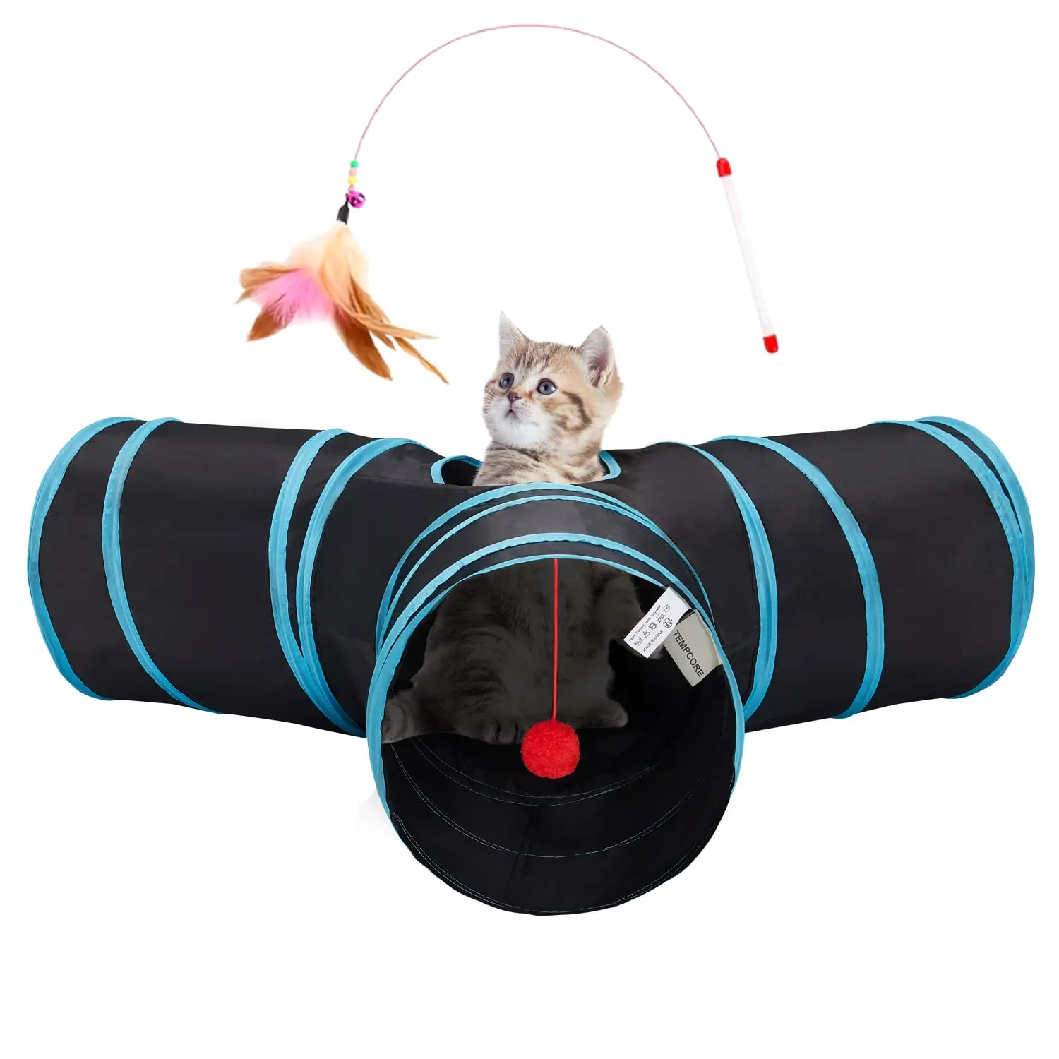 

Pet Cat Tunnel Tube Toys 3 Way Collapsible, Tunnels for Indoor Cats，Kitty Bored Peek Hole Toy Ball Cat, Puppy, Kitty, Kitten