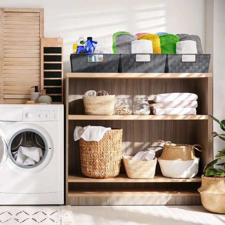 整理整頓用の大型収納バスケット3個セット、メッシュ手織りデザイン、リネン製クローゼットオーガナイザーと収納、オーガナイザー収納バスケット