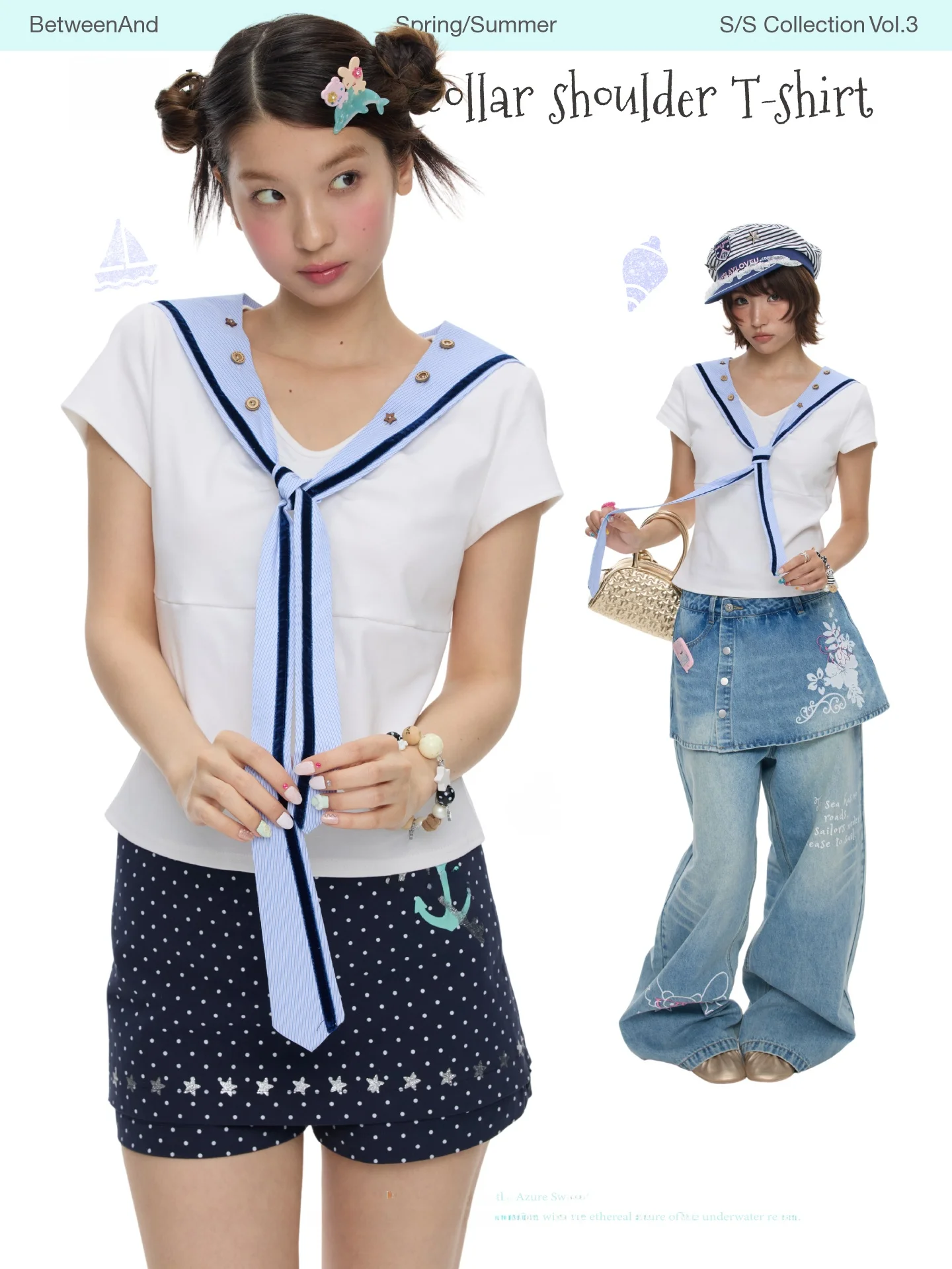 BENAND Summer Blue Sailor Short Sleeve Women's T-shirt Detachable Navy Collar Button Shoulder Design Simple Commute Style Cot...