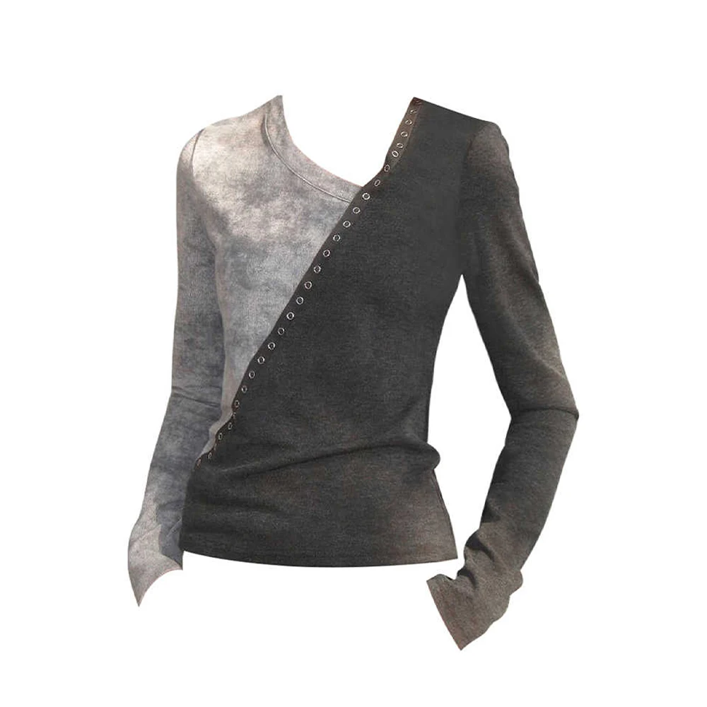 

Women's Grey Patchwork T-shirt Harajuku Y2k Gyaru Tee Top 90s Aesthetic Vintage Long Sleeve T-shirts 2000s Clothes Autumn 2025