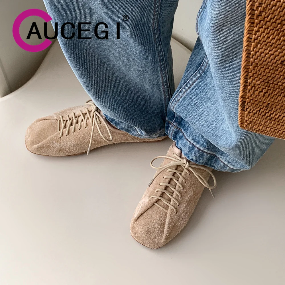 Aucegi Classical Simplicity Cow Suede Flat Heels New In Autumn Spring Fashion Round Toe Women Lace Up Manual Made Casual Shoes