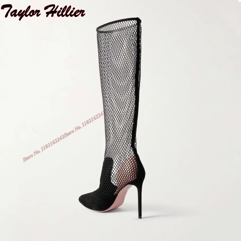 New Breathable Mesh High-Heeled Sandals Pointed Toe Stiletto Breathable Knee-High Boots Fashionable Sexy Long Boots For Women