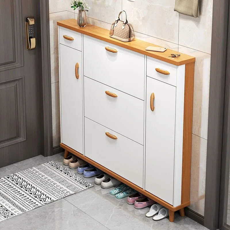 

Nordic ultra-thin tipping bucket shoe cabinet household door indoor entry stool integrated large capacity solid wood legs simple