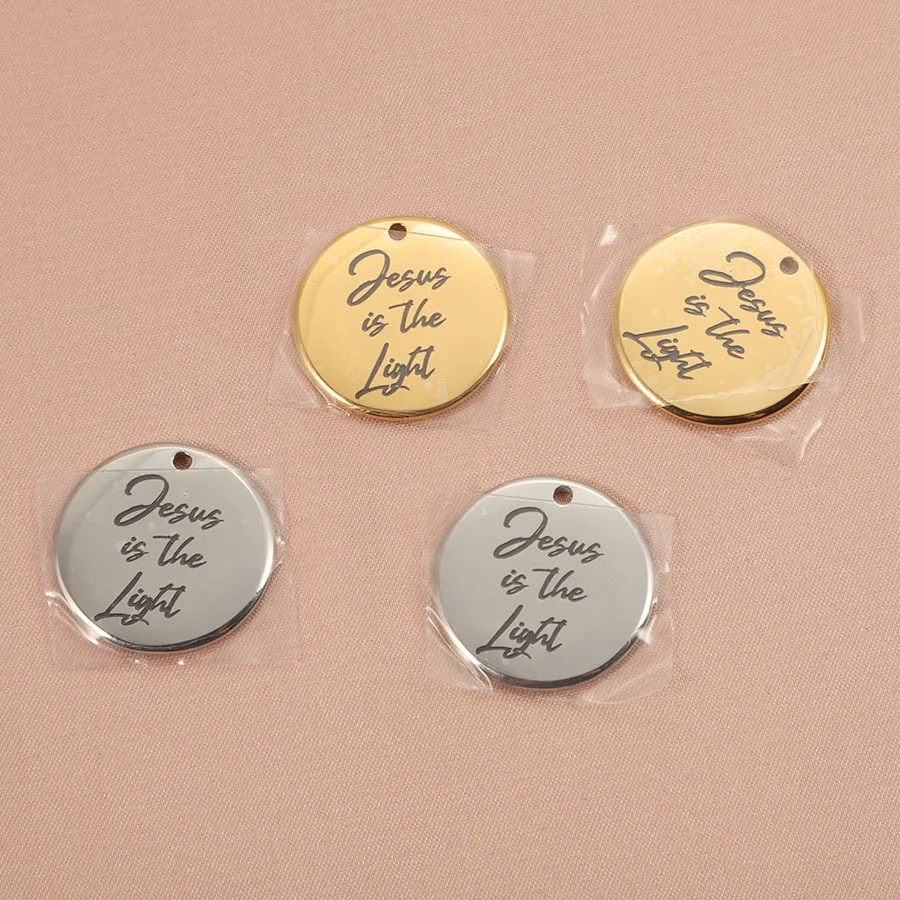 10pcs/Lot Stainless Steel Round Charms Etching Letter Jesus is the Light Pendants for DIY Jewelry Making Necklace Bracelet