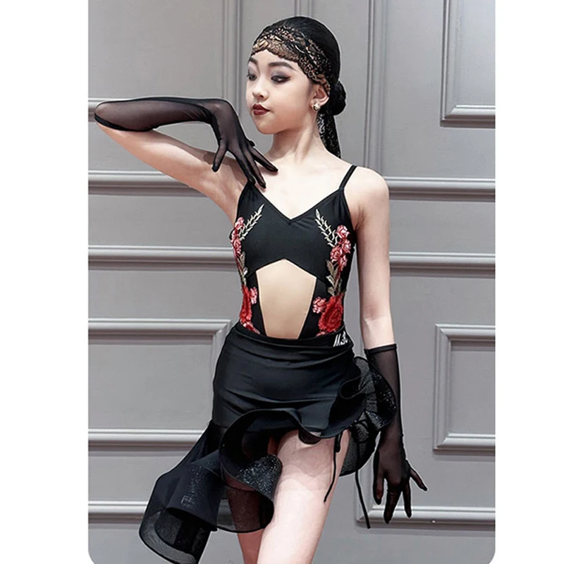 Girls Latin Dance Performance Clothes Suspender Rose Tops Oblique Skirt Cha Cha Rumba Dance Clothes Suit Kids Latin Wear NV20631