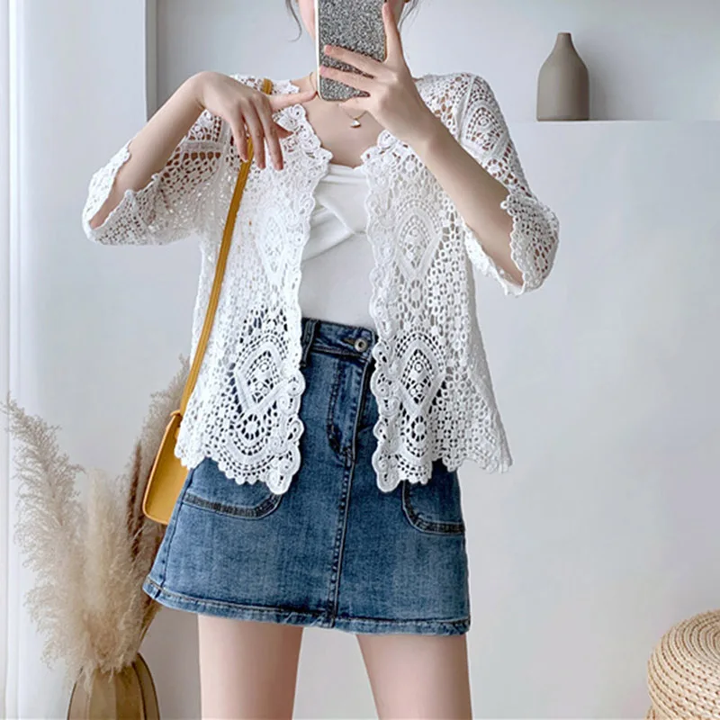 Short Shawl Hollow Knitted Sweater Spring And Summer Literary Style Three-quarter Sleeve Cardigan Women\'s Air-conditioning Shirt