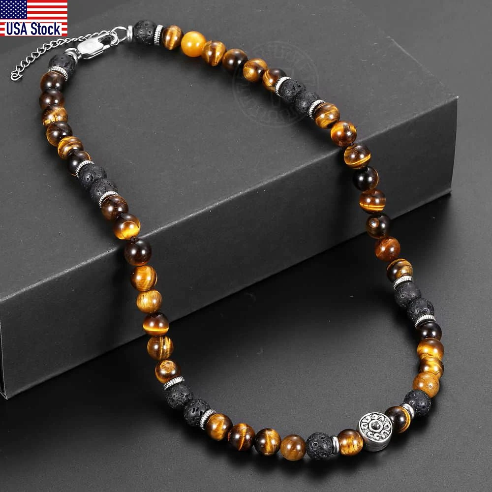 Men\'s Natural Tiger Eyes Map stone Lava Bead Choker Necklace for Men Women Stainless Steel Beaded Charm Fashion Jewelry