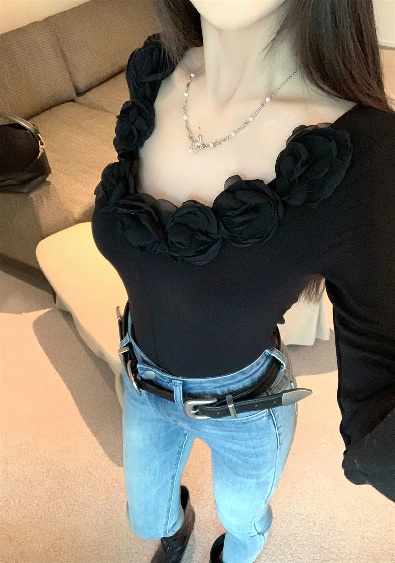 KUSAHIKI Chic 3D Flowers O-neck Long Sleeve Slim Spicy Girl Y2k Tops 2024 Spring New Base Tees Korean Fashion Shirts for Women