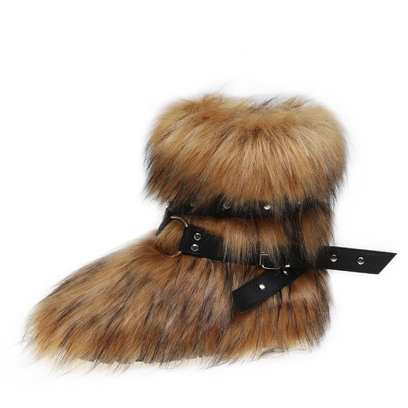 

Ladies Faux Fur Knee High Wedge Platform Boots Popular Brown Spice Girl Cross Belt Buckle Winter New Snow Boots For Women