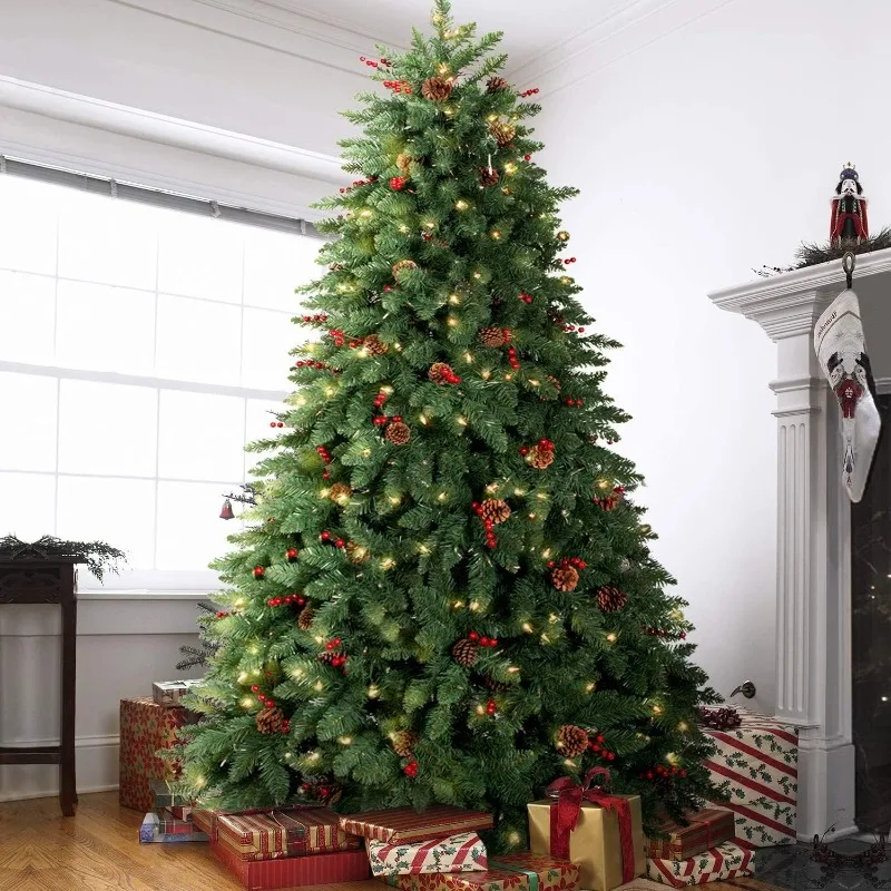 10FT Prelit Christmas Tree Tall, Artificial Christmas Tree Pre-Decorated with Pinecones and Berries (1000 Clear Warm Lights