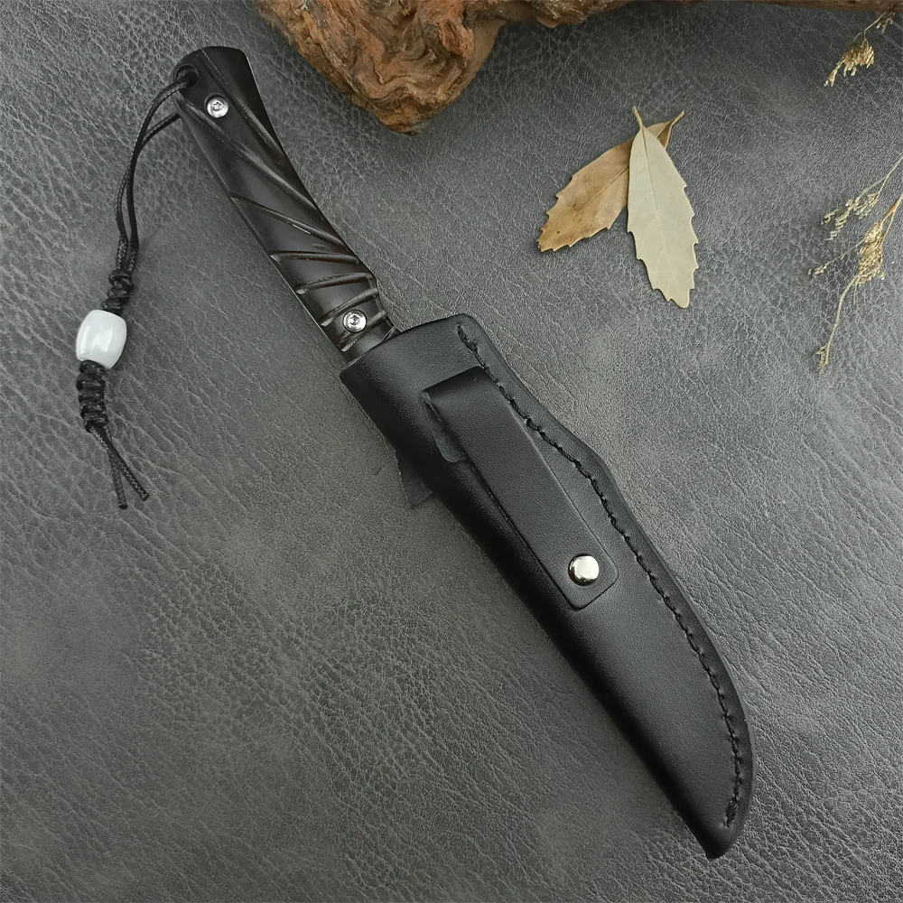 Cuchillo de hoja fija Full Tang de 7 pulgadas con funda, hoja 5CR13MOV, mango de madera, transporte diario, equipo de autodefensa para caza para hombres