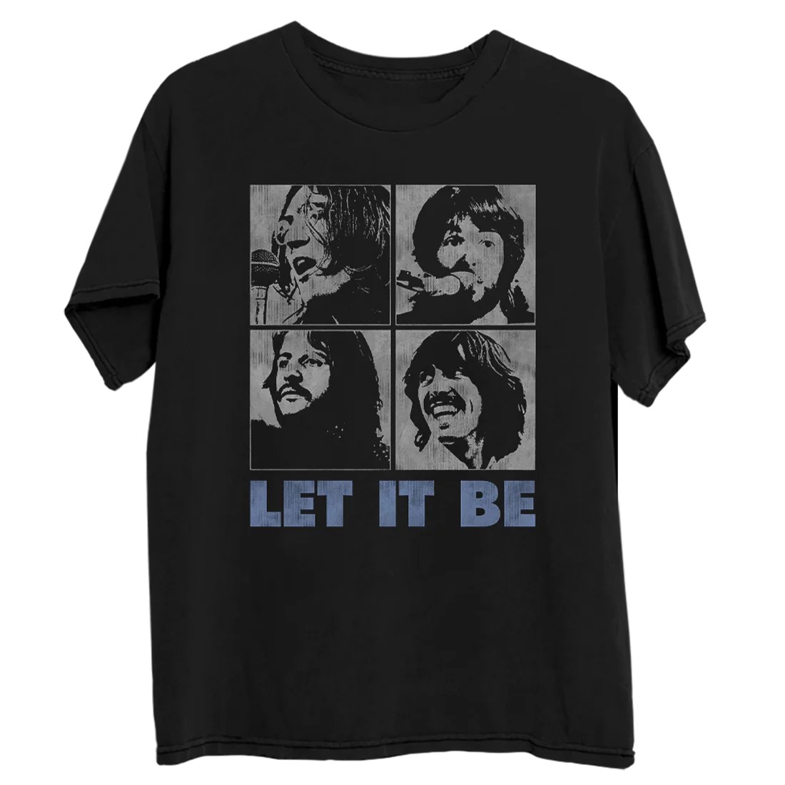 Camiseta con imagen cuádruple del álbum "Let It Be" de The Beatles: retrato de banda y ropa tipográfica para camisetas clásicas para fanáticos del rock