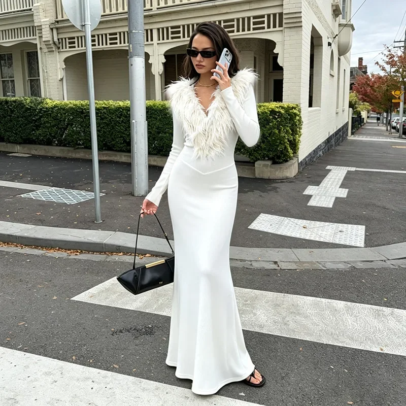 Faux Fur Patchwork Solid Bodycon Maxi Dress Women Sexy V-neck Full Sleeve Slim Fit Prom Birthday Party Long Robe Evening Gown