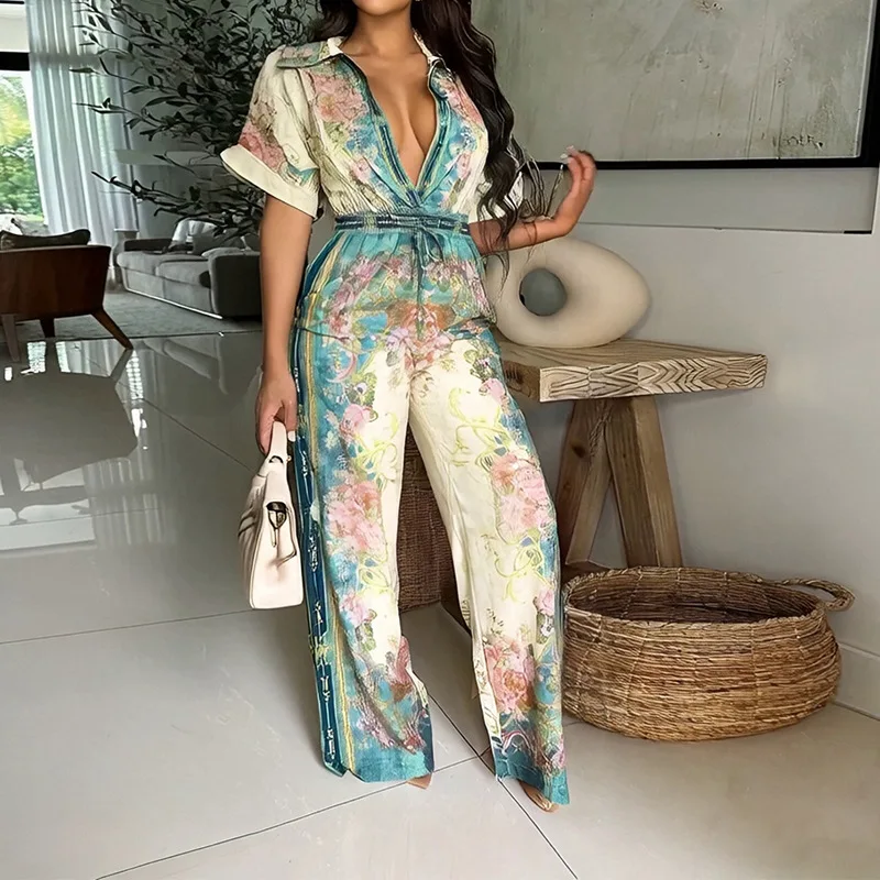 

Ele Sexy Vintage Floral Print One-Piece Summer 2025 Women's Cross-Border Clothing V-Ne High Waist Long Pants Polyester