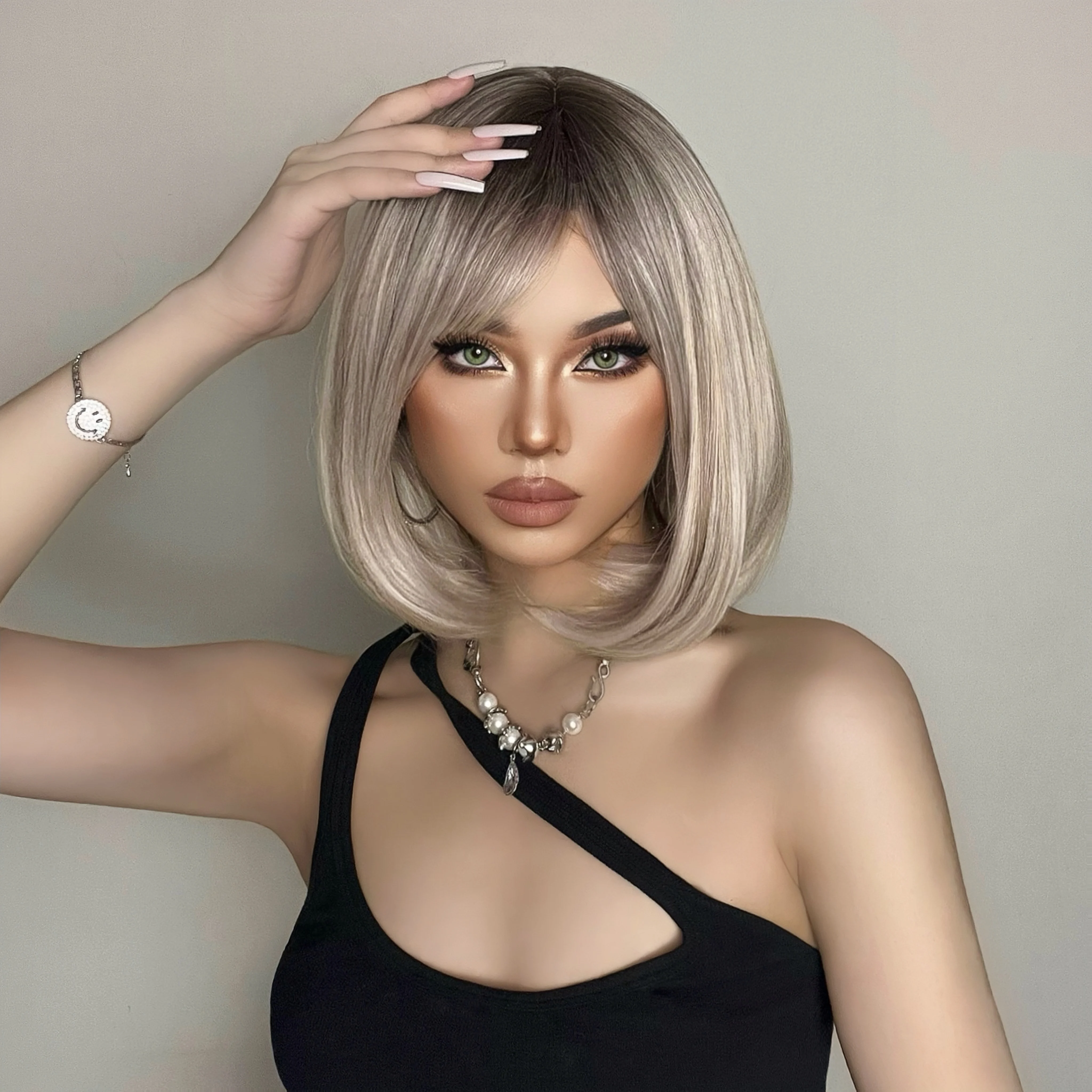 Short Bob Ombre Brown Blonde Synthetic Wigs with Bangs for Women Cosplay Party Daily USE Heat Resistant Stylish Fashionable Wigs image 4