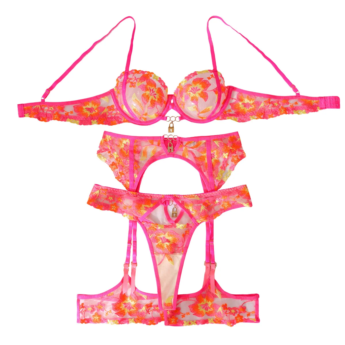 

Beautiful Lingeries Sexy Hot Bright Floral Bra 3PC with Leg Circles Exotic Lock Decor Fluorescent Orange Underwear