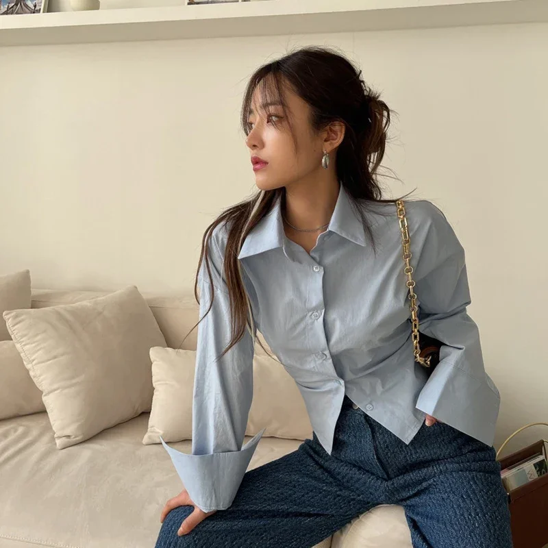 Korean Long Sleeve Shirt Women Sexy Strap Backless Chic Blouse Office Lady Slim Lace Up Turn Down Collar Casual Top