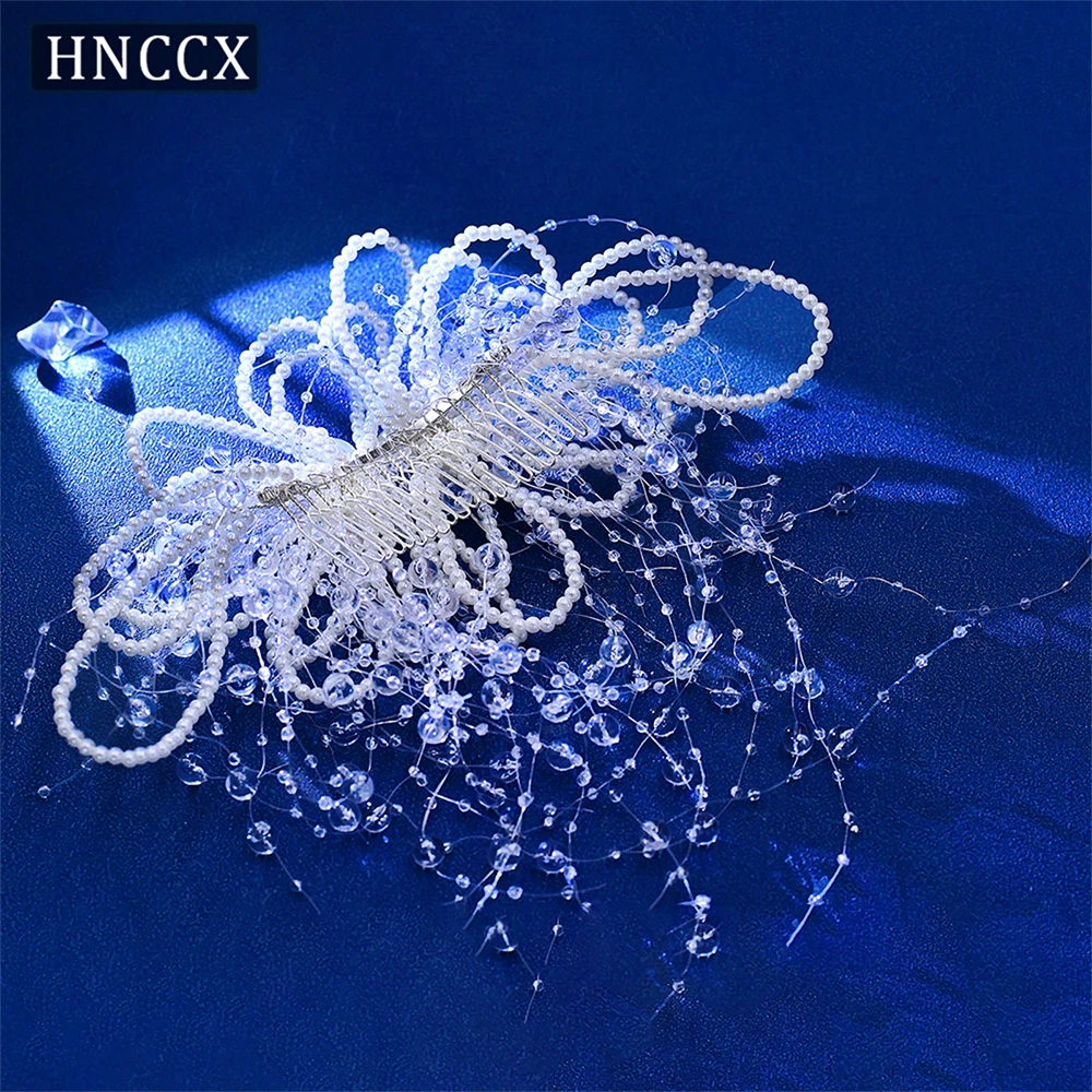 HNCCX Transparent Bead Tassel Wedding Hair Comb White Color Beaded Bride Headband Handmade Pearl Hair Hairpin Girl Gift CP717