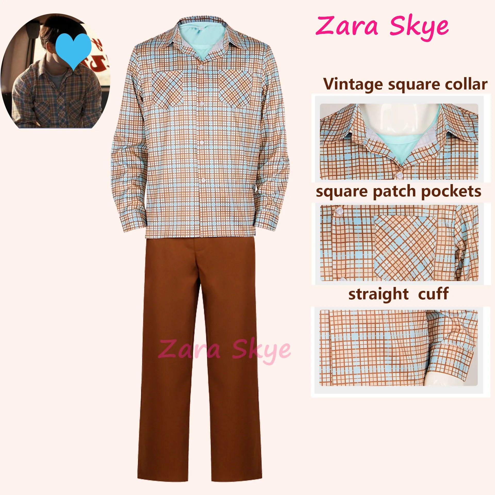 

80s Shirt Retro Plaid Cosplay Costume Square Collar Patch Pocket Shirt Classic 80s Party Outfit for Men Halloween Carnival Suit