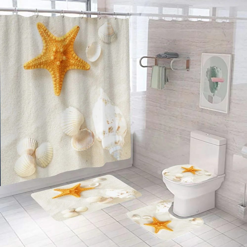 Beach Shower Curtain Set for Bathroom Decor, Seashell, Starfish, Nautical Fishnet, Vintage Blue Deck, Bath Mats, Toilet Rug