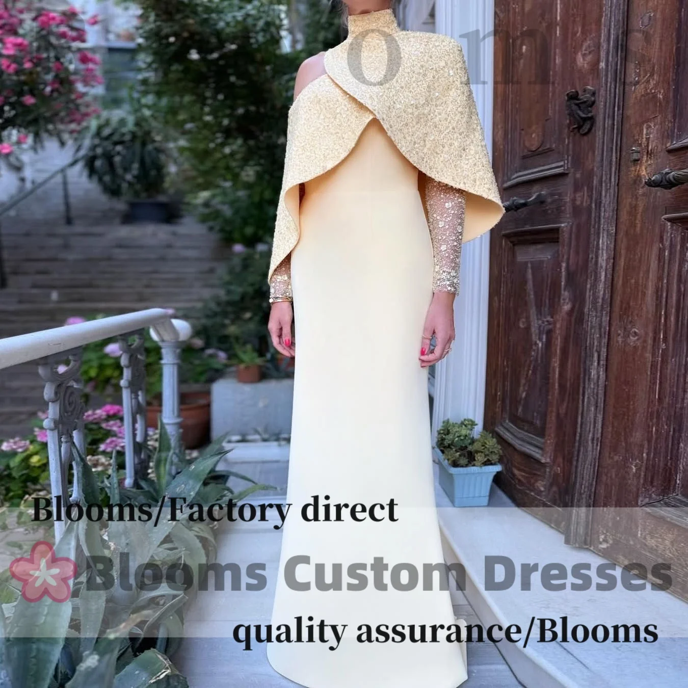 

Customized Long Sleeves Floral Sequins Wrap Evening Dresses Luxury 2025 Elegant Party Gown High Neck Wedding Prom Dress