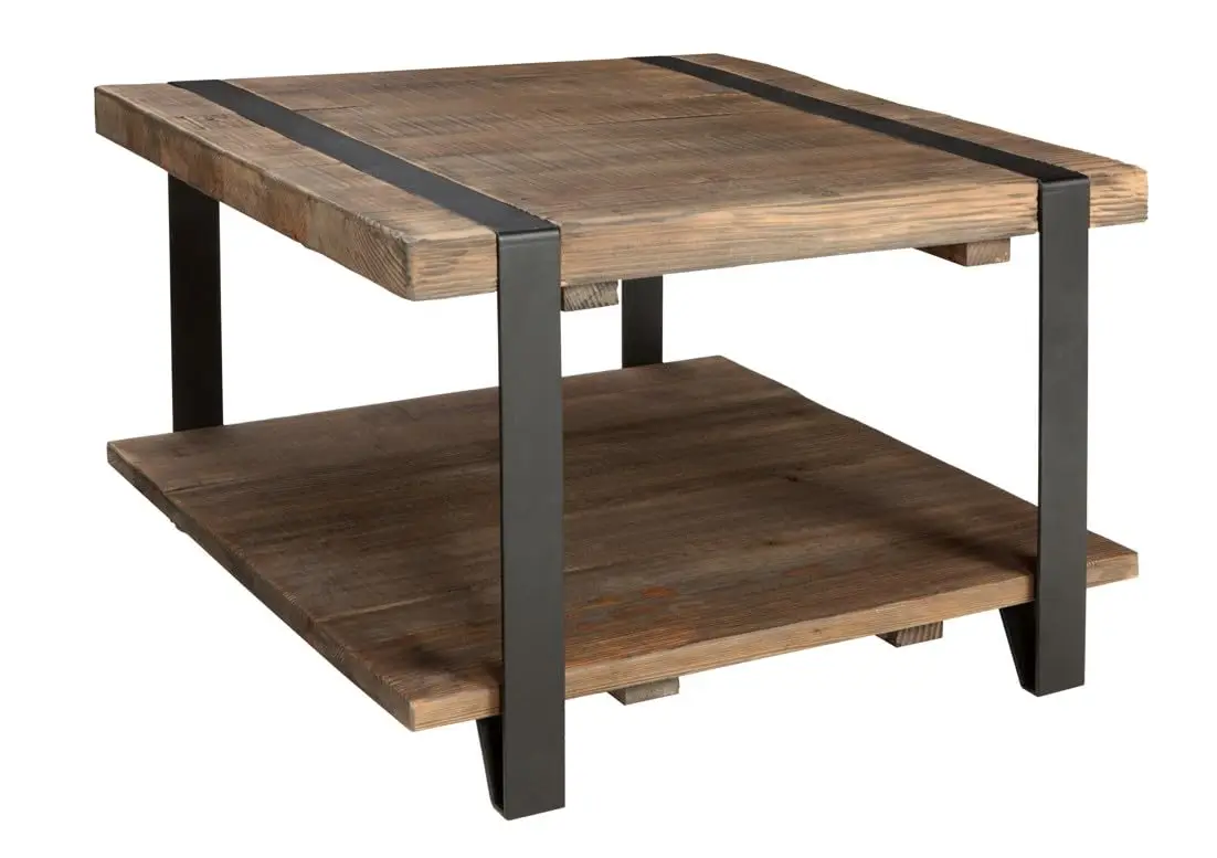 

27-Inch Square Coffee Table – Solid Wood and Metal Accent Industrial Table with Distressed Natural Finish, Customized