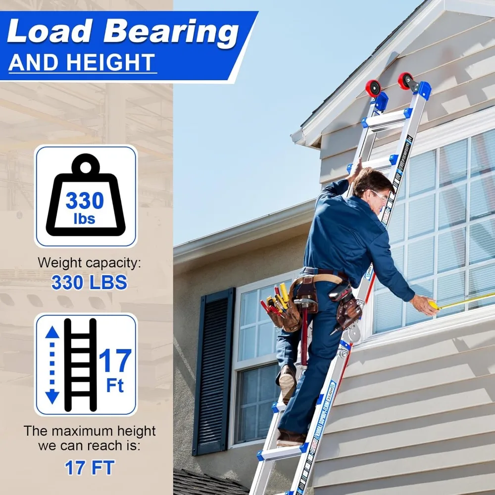 سلم تمديد قابل للطي بطول 17 قدم مع عجلات وقضيب تثبيت - سلم بوزن 330 رطل متعدد المواضع على شكل حرف A للأمان #6