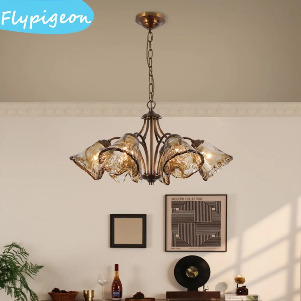 Amber Glass Chandeliers LED Cottage Lighting Fixture Designer Vintage Hanging Lamp for Ceiling Living Room Decor Lustre Bedroom