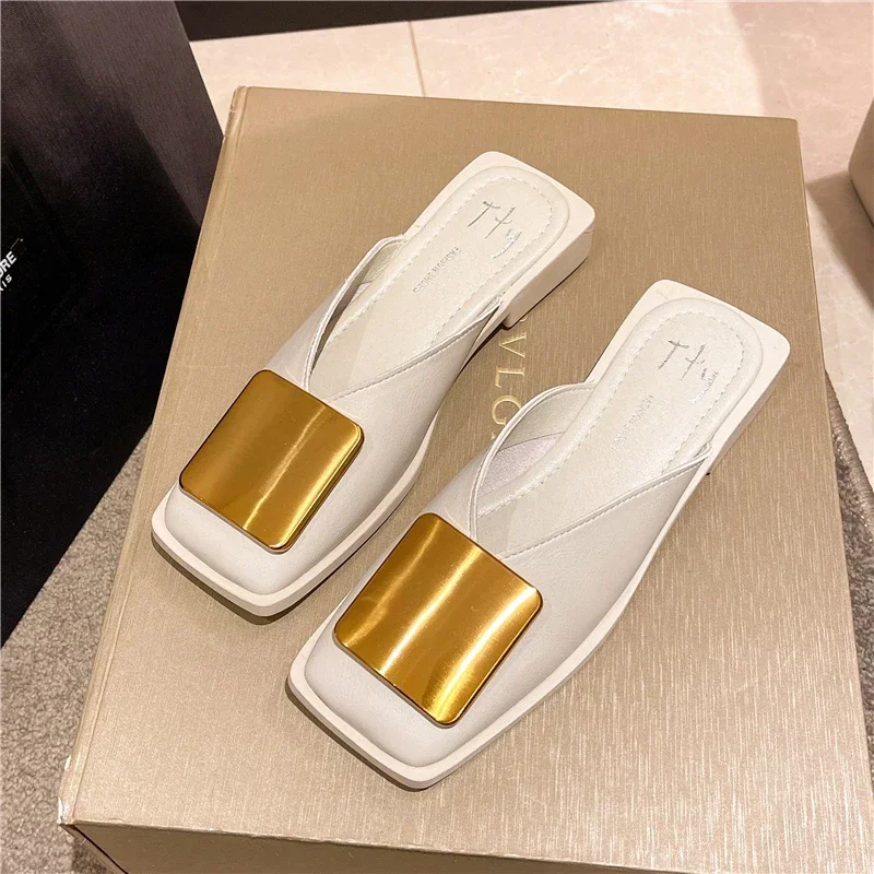 Women\'s Slippers Fashion Metal Buckle Mules for women Flat Heels Square Toe Shallow Shoes Outdoor Slides Female Casual Sandals