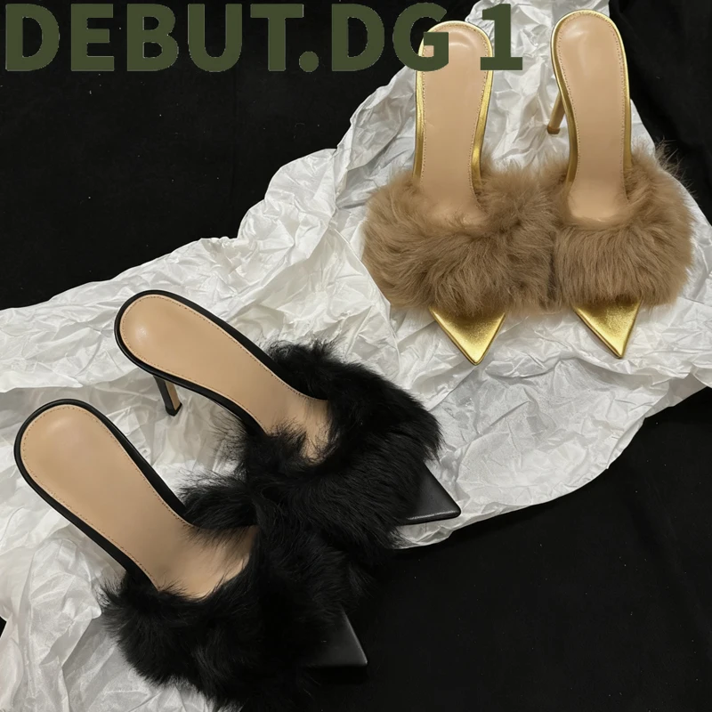 SS2025 New Furry High Heel Mules Italian Craftsmanship Fashion Pointed Toe Comfort Goat Leather Lining