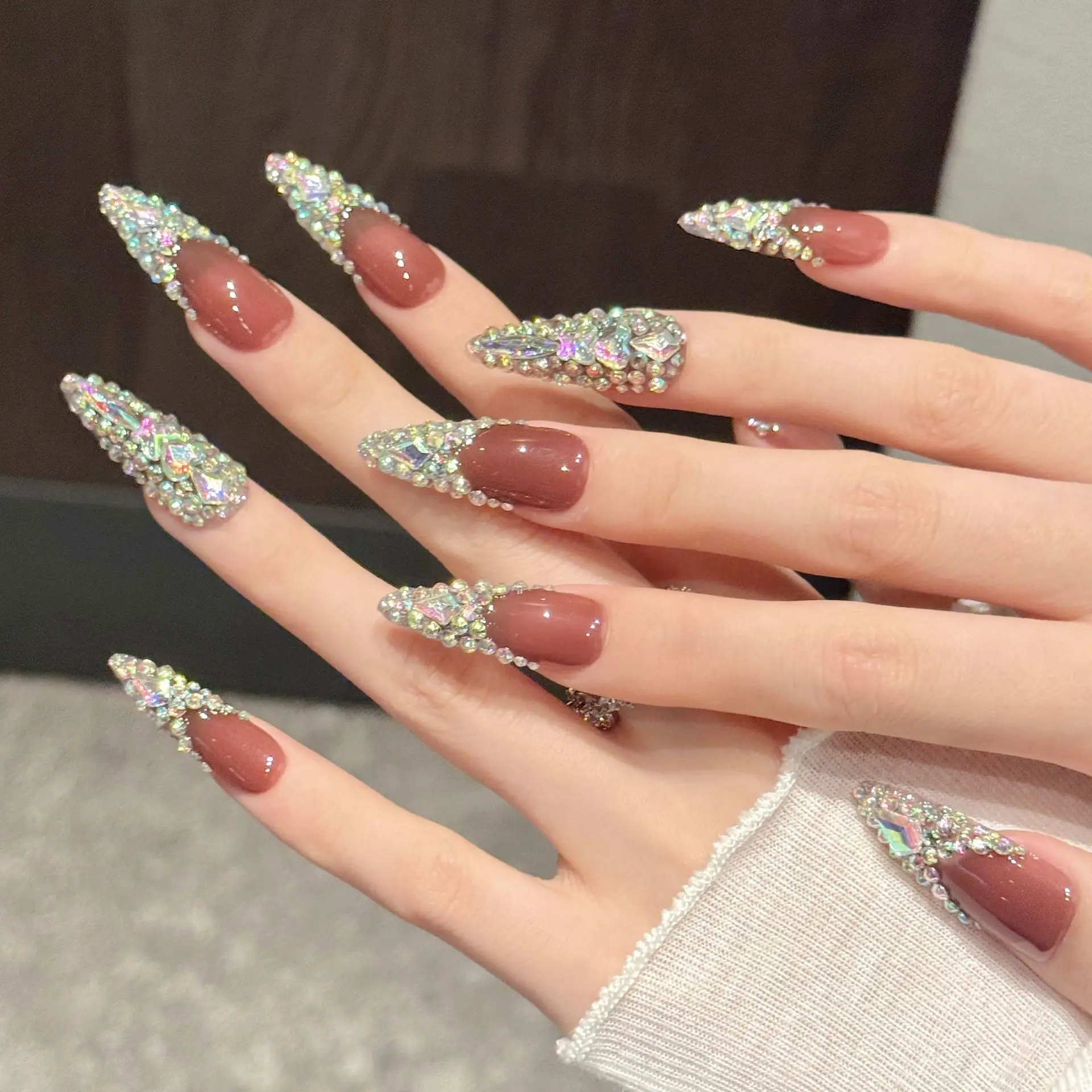10pcs Rhinestones Handmade Press On Nails Long Pointed Fake Nails Colorful Full Diamond Decor Wearable French Flash False Nails