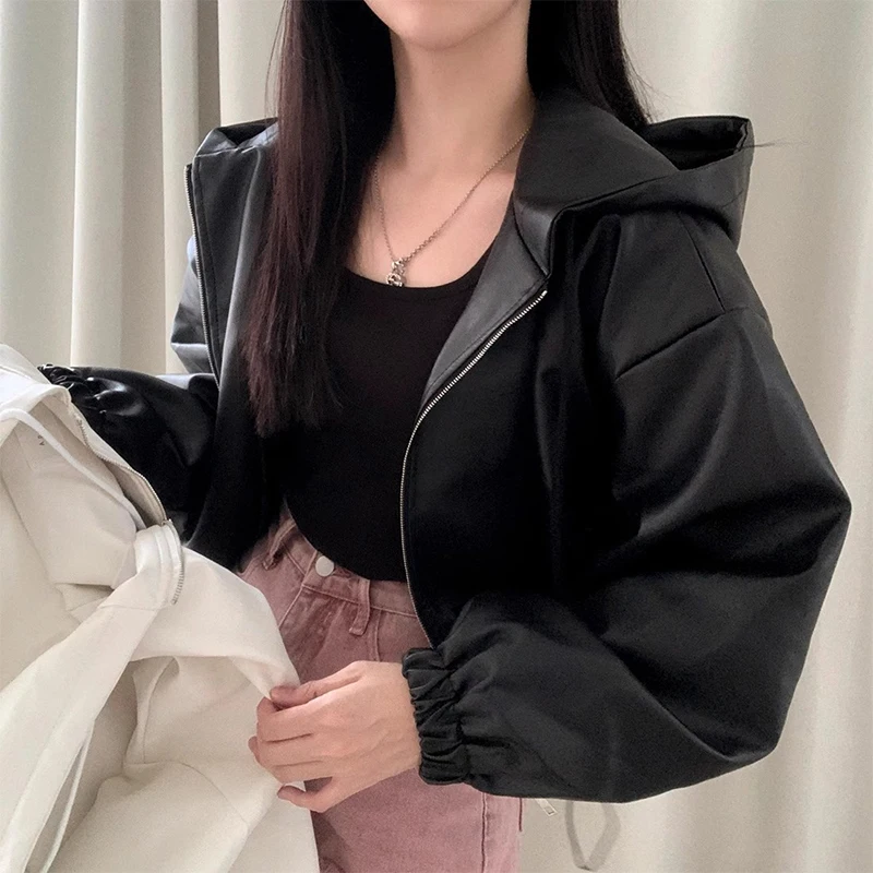 Chic Autumn Faion Women's ort PU Leather Jaet Hooded Dstring Long Sve Retro Sle Casual Outerwear Coat