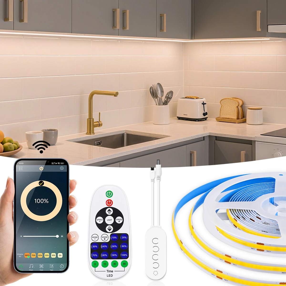 Wireless Bluetooth COB LED Strip Light 24V Phone APP Control LED Tape Linear Dimmable Ribbon For Room Kitchen Ambient Lighting