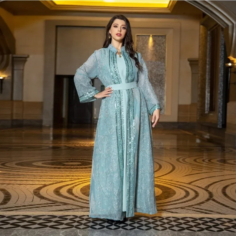 Chiffon Open Embroidery Abaya Set 3 Piece Arabic Evening Muslim Turkey Dubai Luxury Kaftan Middle Eastern Green Dress Women