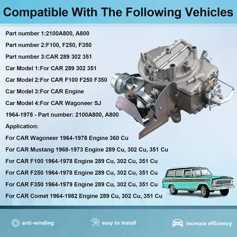 2 Barrel Carburetor For Ford 289 302 351 Cu F150 250 350 8CYL Engine Heavy Duty Electric Choke Jeep Wagoneer SJ 2100A800