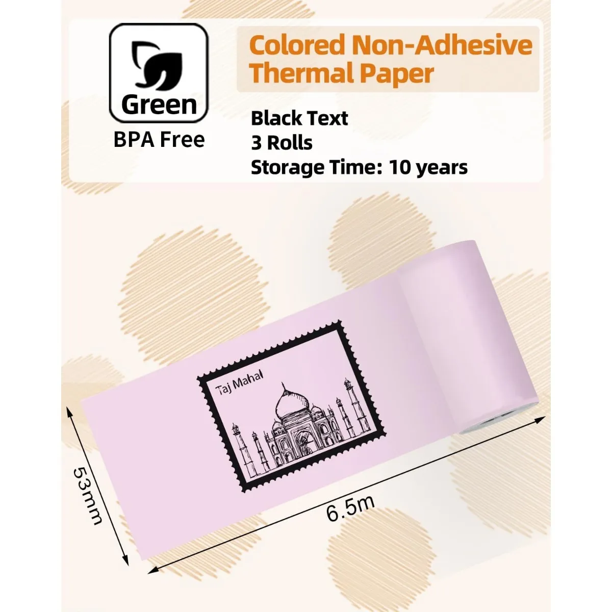 Papel térmico color T02, compatible con mini impresora T02/M02X/M02L, negro sobre blanco, 53 mm x 3,5 m, 3 rollos