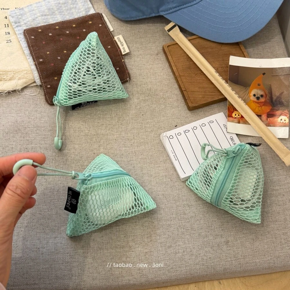 Y2K Summer Mint Green Triangular Pendant Storage Bag Keychain Lipstick Earphones Wallet Headphone Cable Organizer Portable Bag